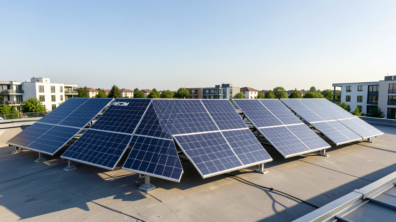 panneau solaire RECOM présentant les cinq gammes de la marque alignées en toiture pour un comparatif 2026