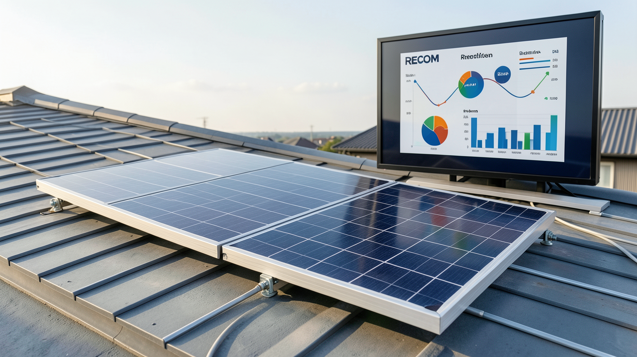 panneau solaire RECOM installé sur un toit avec graphiques de performance et rendement en arrière-plan
