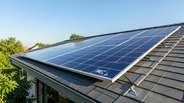 panneau solaire REC installé sur un toit de maison écologique avec ciel dégagé en arrière-plan