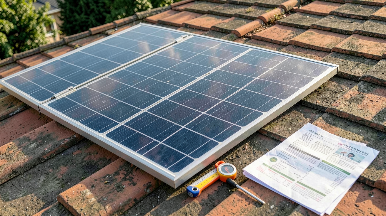 panneau solaire reconditionné posé sur un toit avec des outils de mesure et des documents financiers