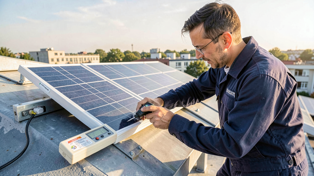 panneau solaire reconditionné avec technicien vérifiant les garanties et la performance sur un toit