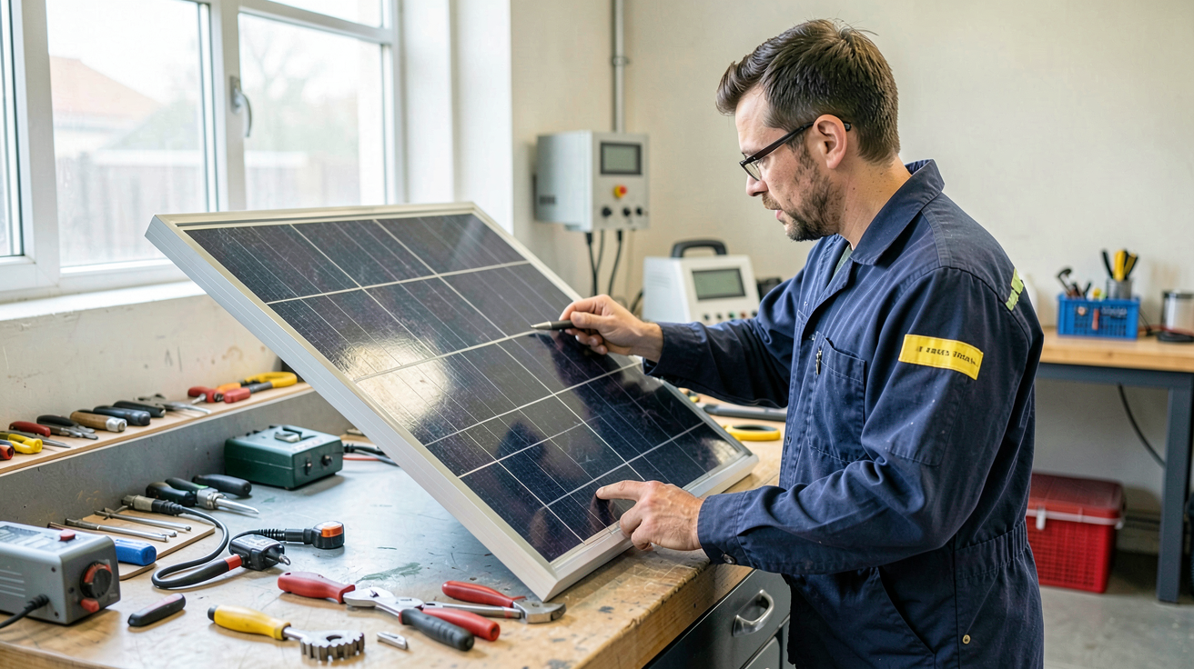 panneau solaire reconditionné lors du processus d'inspection et de test en atelier