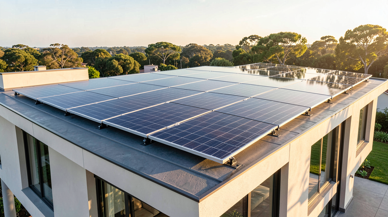 panneau solaire rentable installé sur le toit d'une résidence moderne sous un soleil éclatant