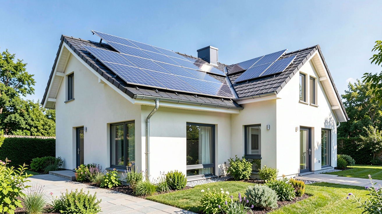 panneau solaire rentable installé sur le toit d'une maison moderne de 100 m²