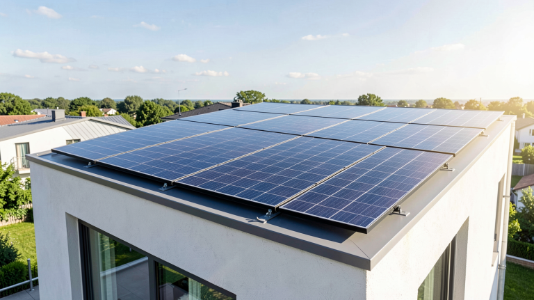 panneau solaire rentable installé sur le toit d'une maison moderne sous un soleil éclatant