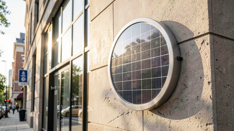 panneau solaire rond de design moderne intégré dans une façade urbaine
