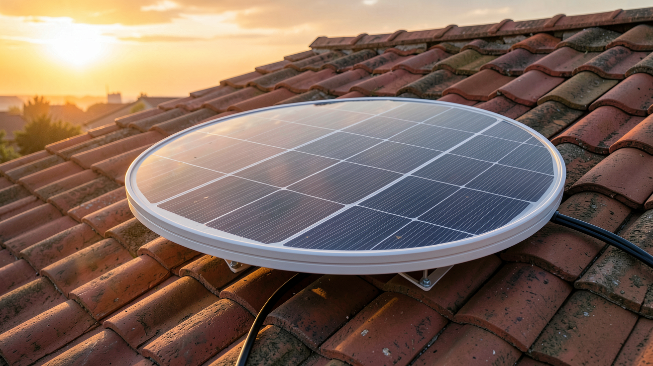 panneau solaire rond installé sur un toit en tuiles rouges avec lumière naturelle