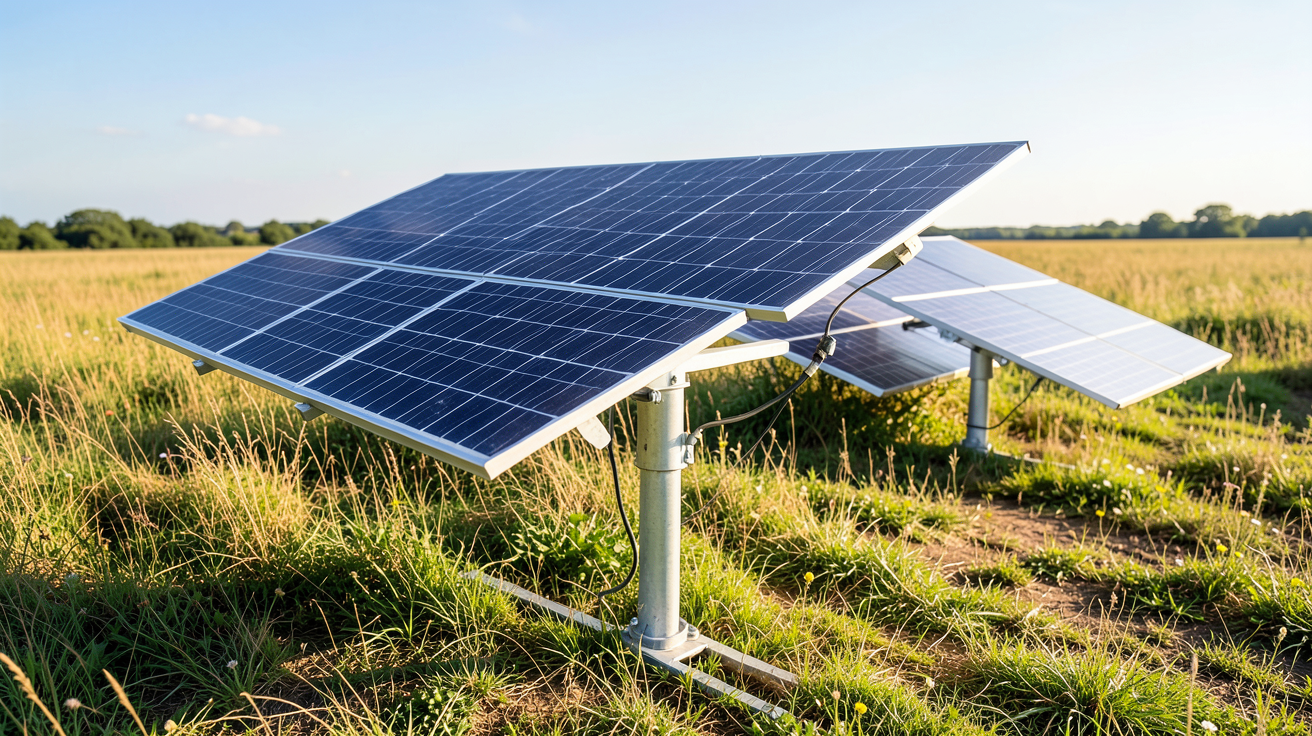 panneau solaire rotatif installé dans un champ, illustrant le top 5 des meilleurs trackers solaires 2024