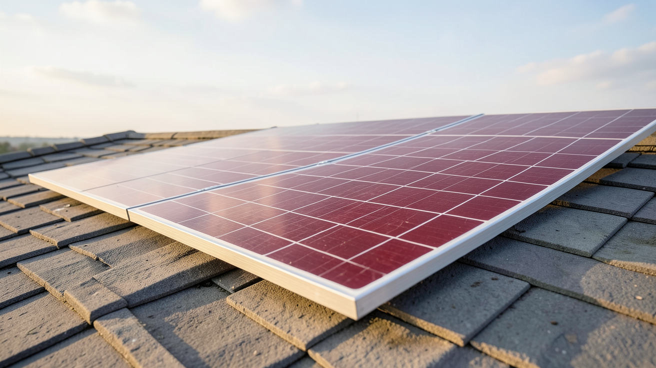 panneau solaire rouge installé sur un toit, capturé en pleine lumière naturelle