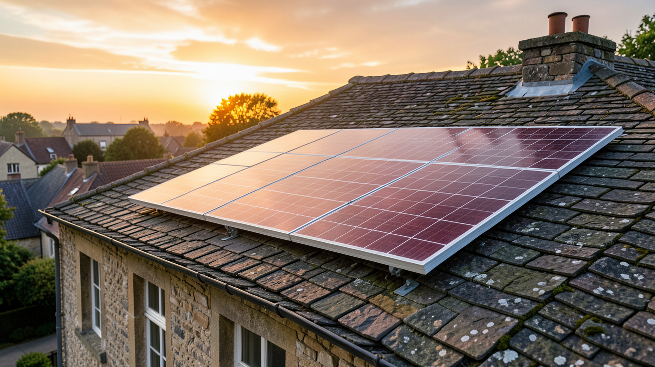 panneau solaire rouge installé sur le toit d'une maison ancienne en zone ABF, respectant les obligations architecturales historiques