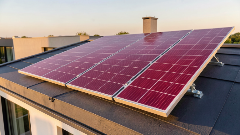 panneau solaire rouge vif installé sur le toit d'une maison contemporaine
