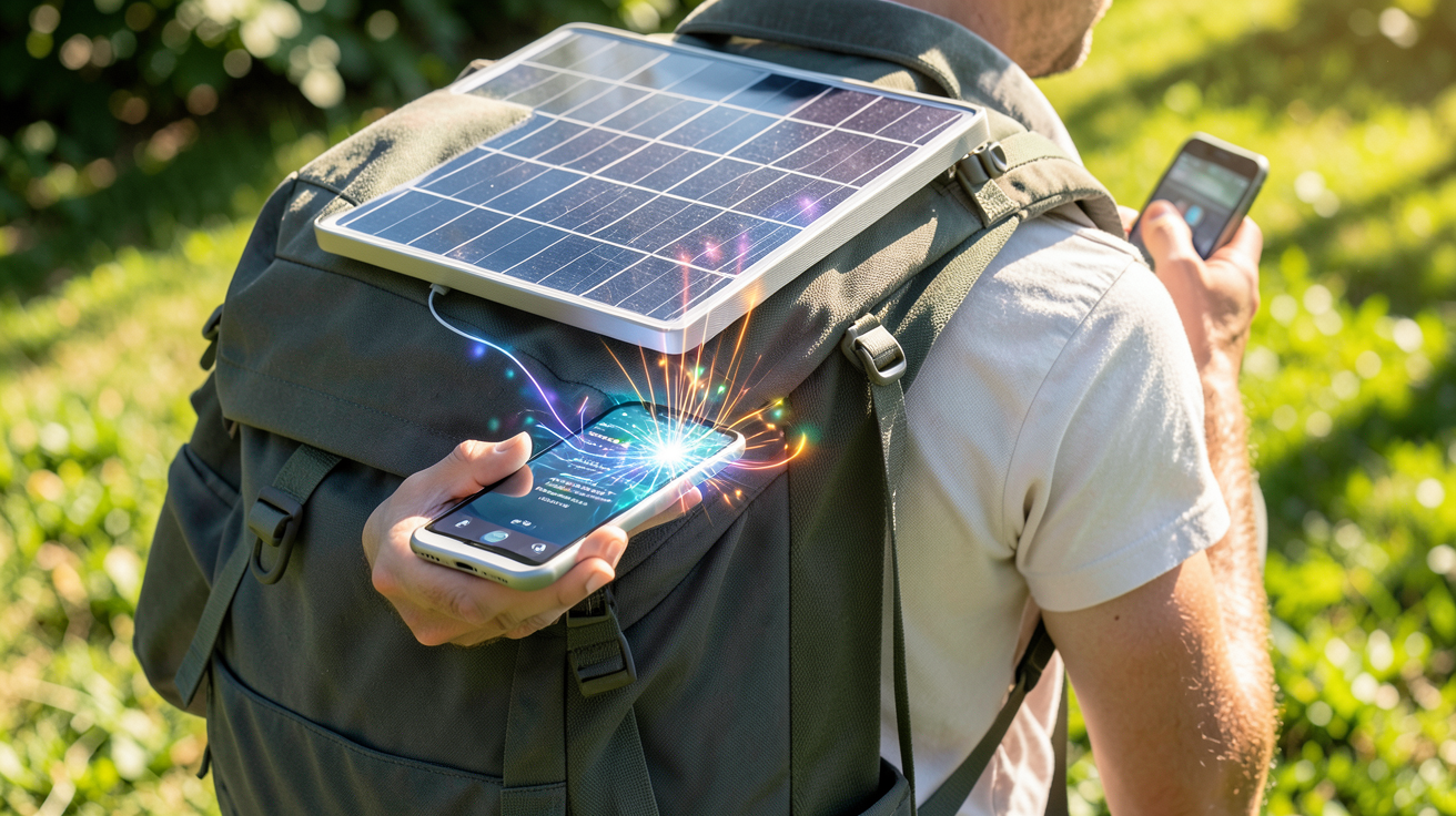 panneau solaire sac a dos montrant le fonctionnement du panneau intégré en pleine lumière solaire