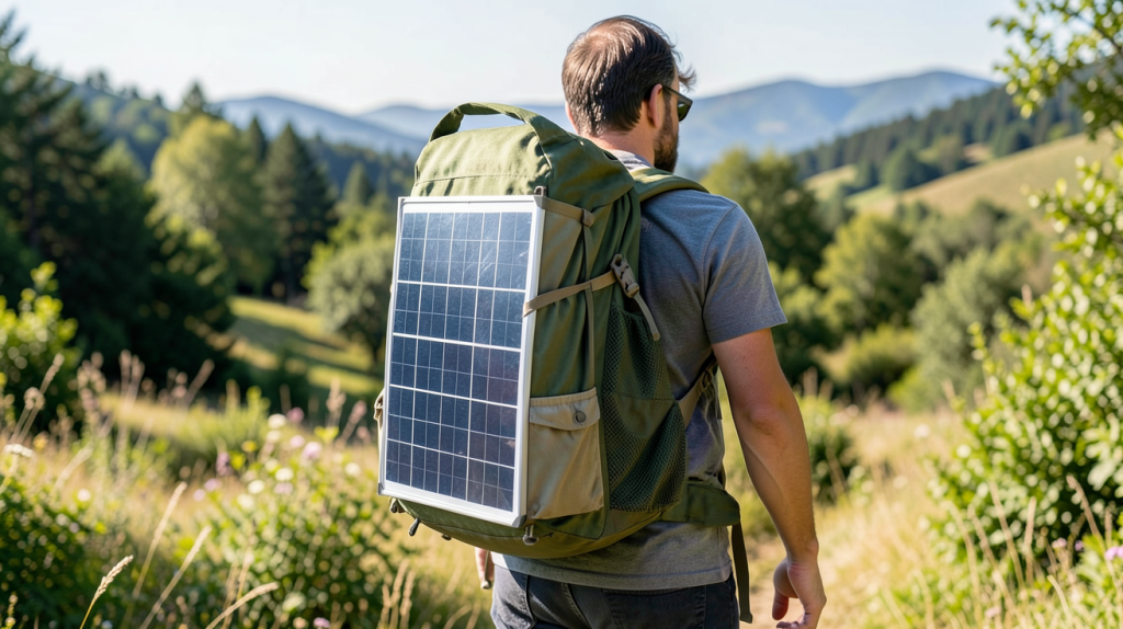 panneau solaire sac a dos porté lors d'une randonnée en montagne