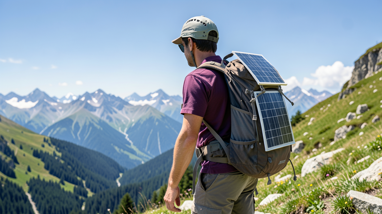 panneau solaire sac a dos porté par un randonneur en trekking en montagne