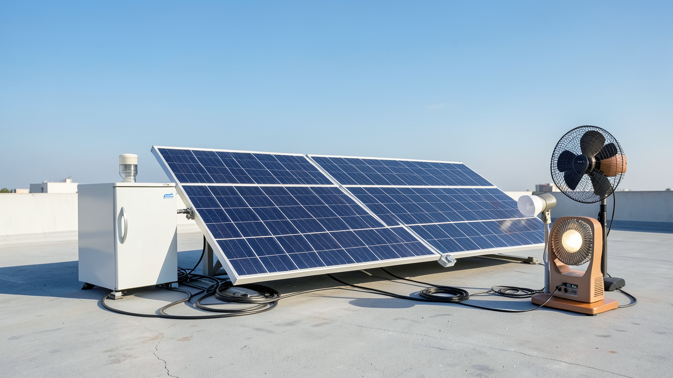 panneau solaire sans batterie alimentant un réfrigérateur, une lampe LED et un ventilateur de bureau