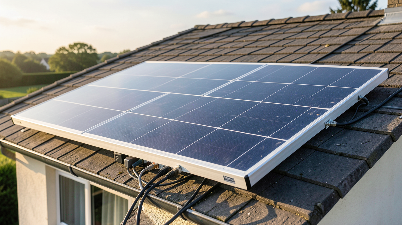 panneau solaire sans batterie installé sur un toit de maison avec câbles et onduleur