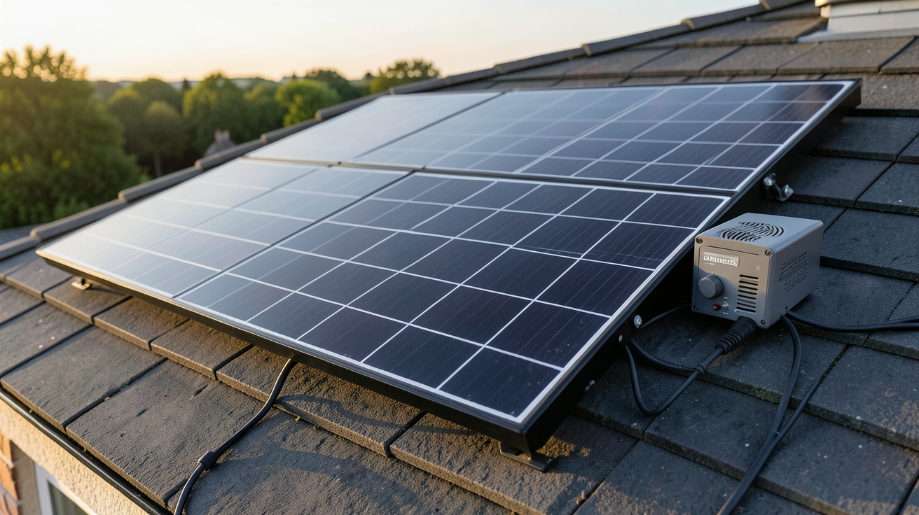 panneau solaire sans batterie installé sur un toit de maison avec onduleur hybride compact