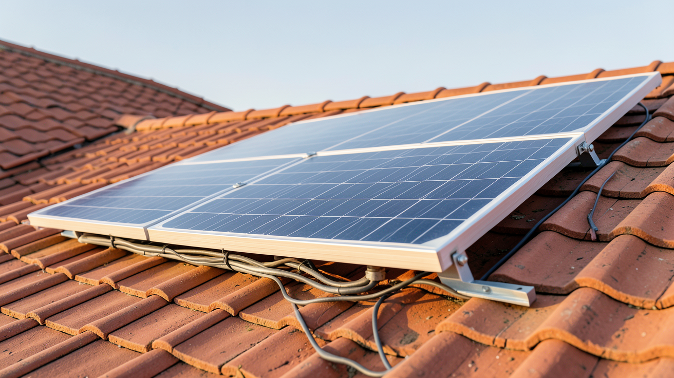 panneau solaire sans onduleur connecté directement à une batterie lithium-ion sur un toit en tuiles rouges