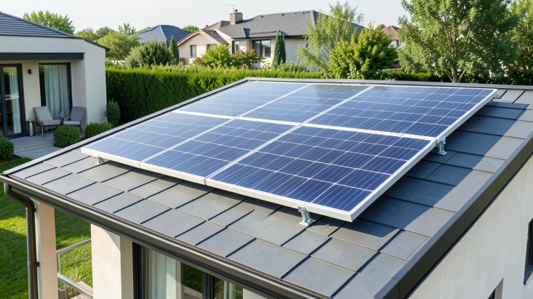 panneau solaire sans onduleur installé sur le toit d'une maison moderne, capturé en pleine lumière du jour