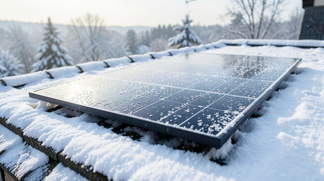panneau solaire sans soleil installé sur un toit enneigé en hiver produisant de l'énergie malgré le froid