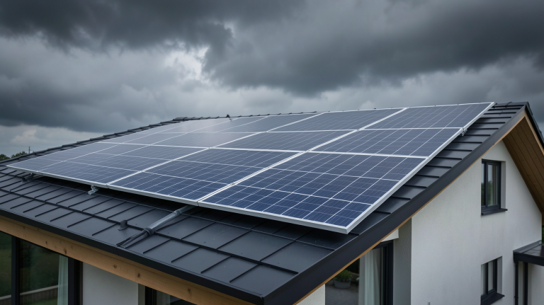panneau solaire sans soleil installé sur un toit sous un ciel gris et nuageux