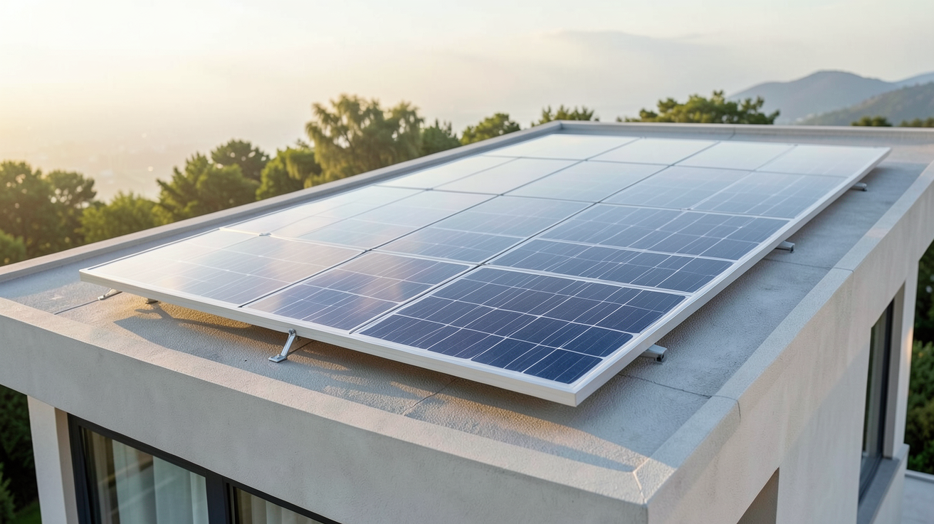 panneau solaire semi-transparent installé sur un toit de maison moderne, illustrant ses avantages et limites par rapport aux panneaux traditionnels