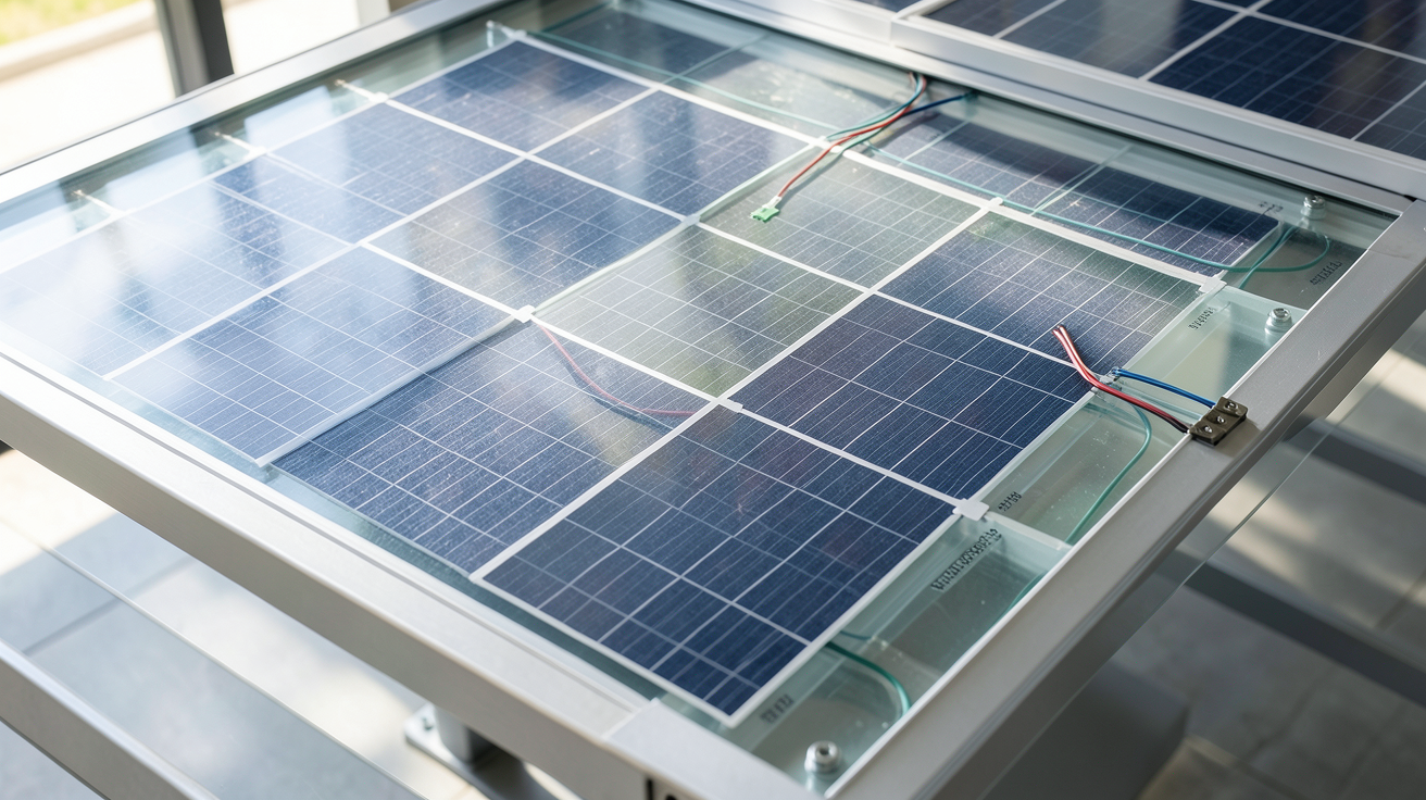 panneau solaire semi-transparent montrant le fonctionnement technologique avec des cellules photovoltaïques intégrées dans une structure en verre