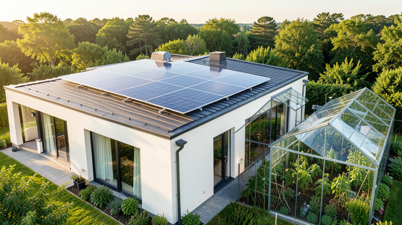 panneau solaire semi-transparent installé sur le toit d'une maison résidentielle et sur une serre agricole
