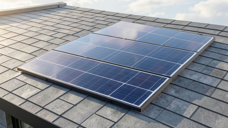 panneau solaire semi-transparent intégré à une toiture moderne en tuiles grises