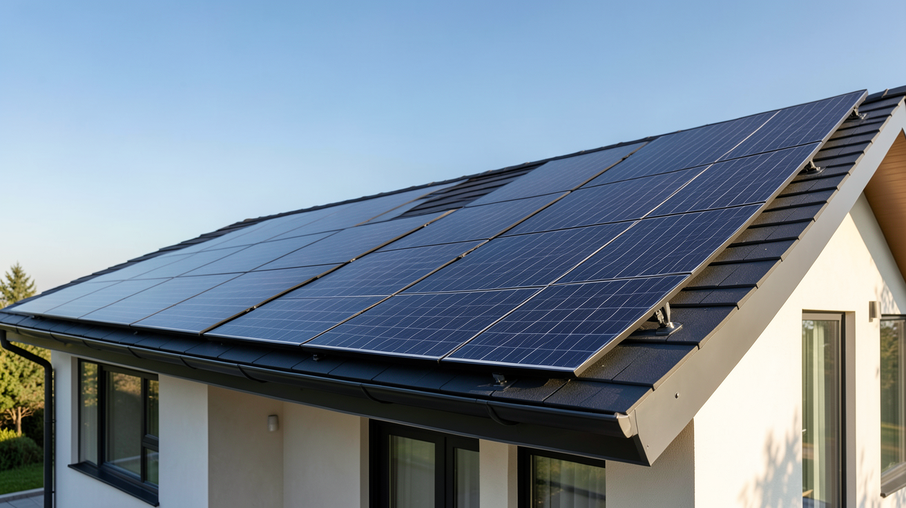 panneau solaire shingled noir installé sur un toit de maison moderne pour optimiser le rendement énergétique