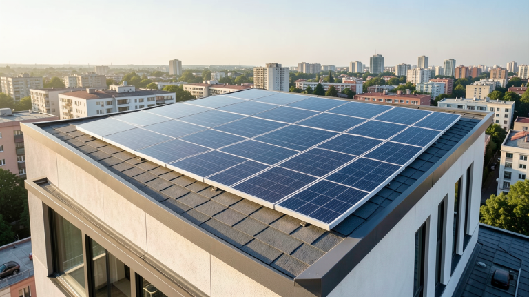 panneau solaire shingled intégré sur le toit d'une maison urbaine moderne