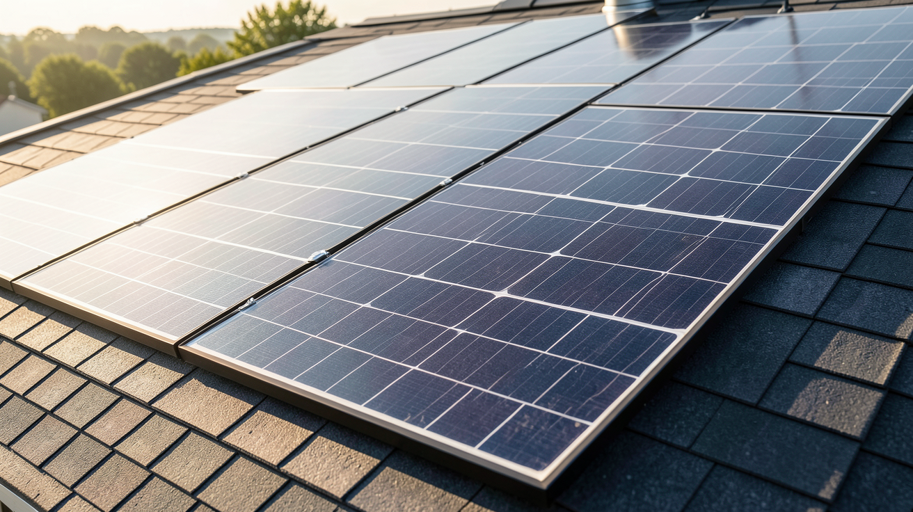 panneau solaire shingled intégré dans une toiture moderne, comparé visuellement à un panneau solaire classique