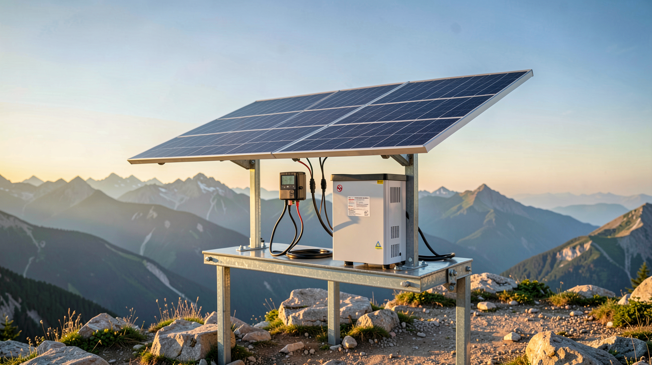panneau solaire site isolé : kit autonome avec composants clés (panneau, batterie, régulateur, onduleur) installés en montagne