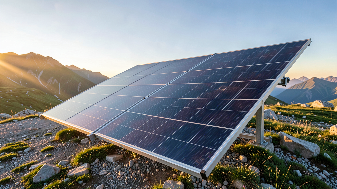 panneau solaire site isolé installé en montagne sous un ciel dégagé