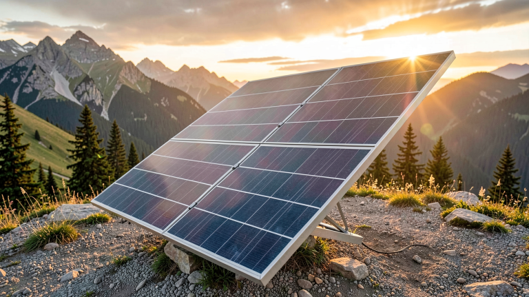 panneau solaire site isolé installé en montagne sous un ciel dégagé