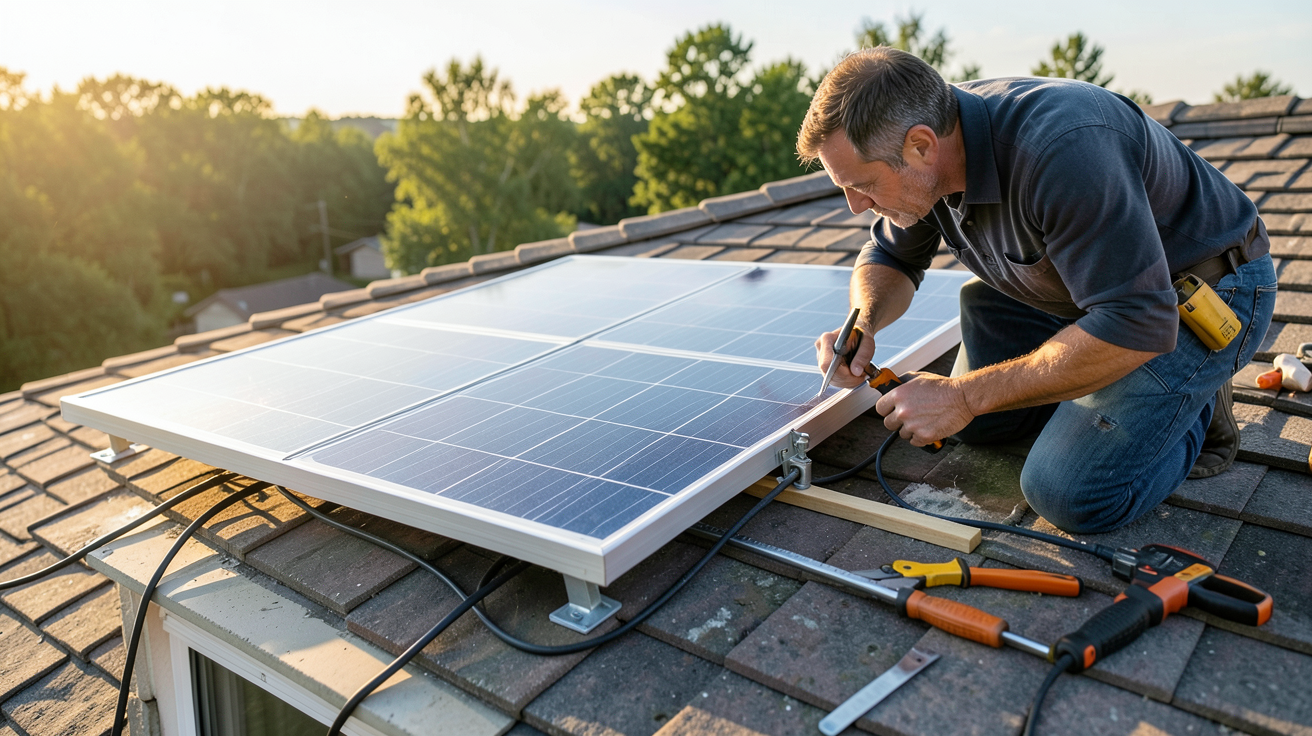panneau solaire soi meme posé sur un toit de maison individuelle avec outils et câbles visibles