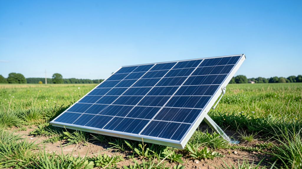 panneau solaire sol installé dans un champ vert sous un ciel ensoleillé