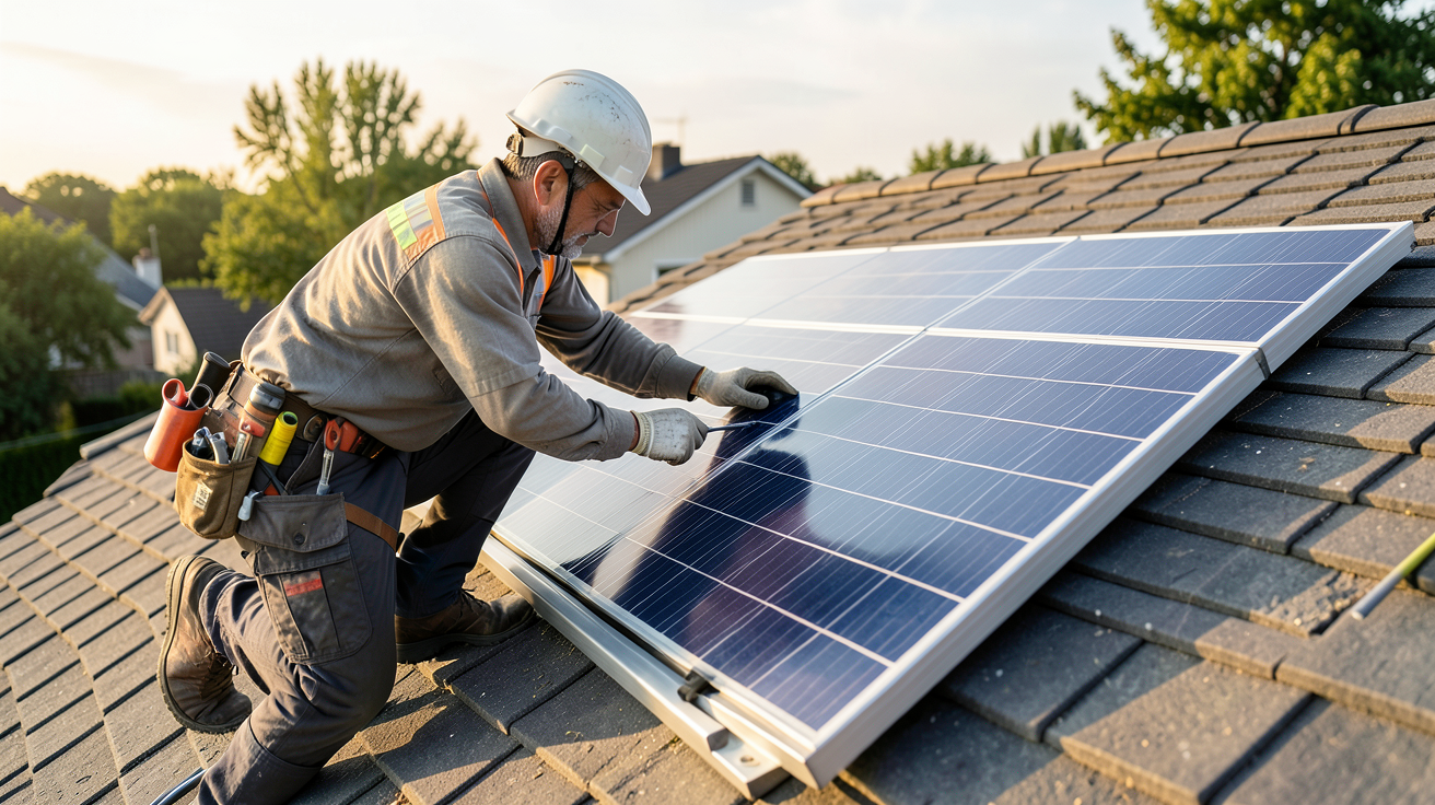 panneau solaire solar installation étape par étape sur un toit résidentiel par un technicien