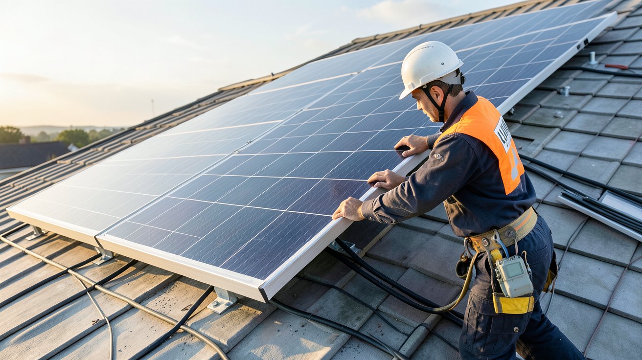 panneau solaire SOLARA en cours d'installation sur un toit par un technicien professionnel