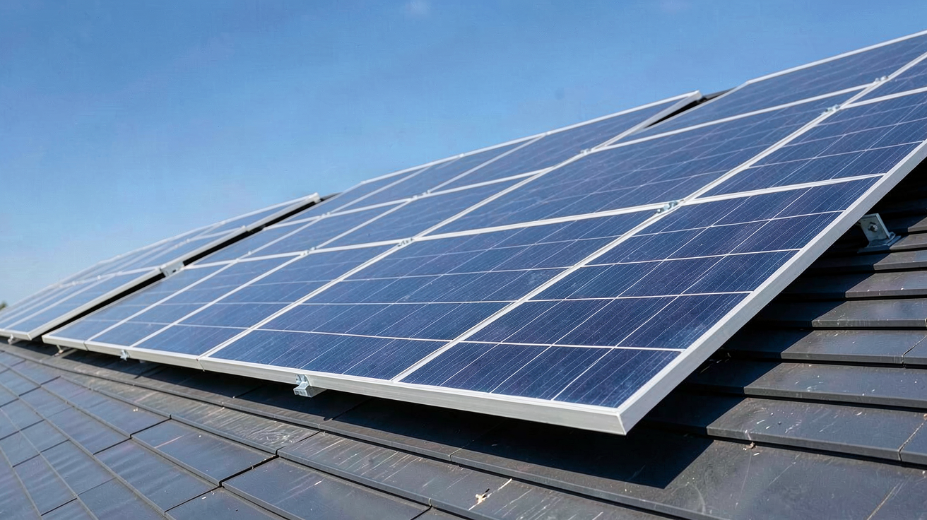 panneau solaire Soluxtec disposé en rangées sur un toit incliné pour un comparatif 2024