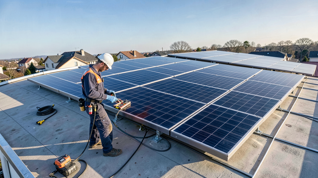 panneau solaire Soluxtec en cours d'installation sur un toit résidentiel par un professionnel