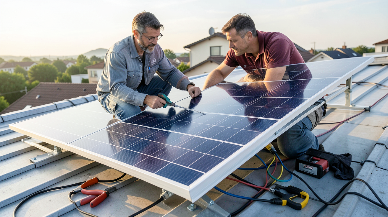 panneau solaire Somfy en cours d'installation sur un toit résidentiel par un technicien