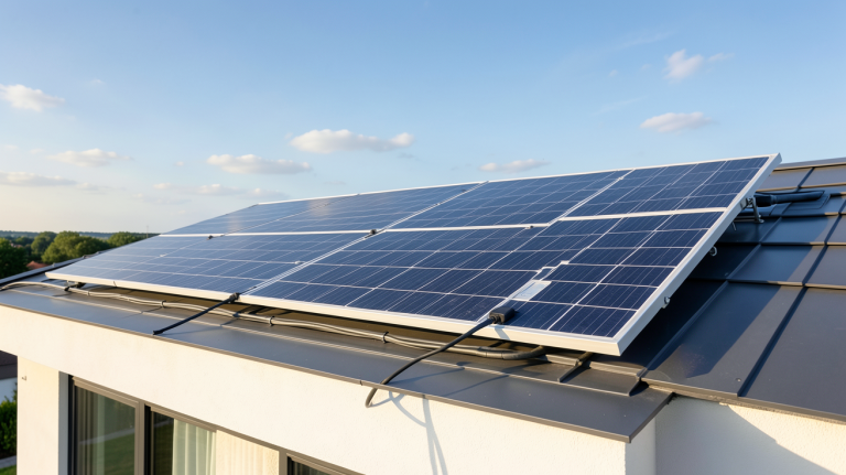 panneau solaire Somfy installé sur le toit d'une maison moderne avec une lumière naturelle du matin