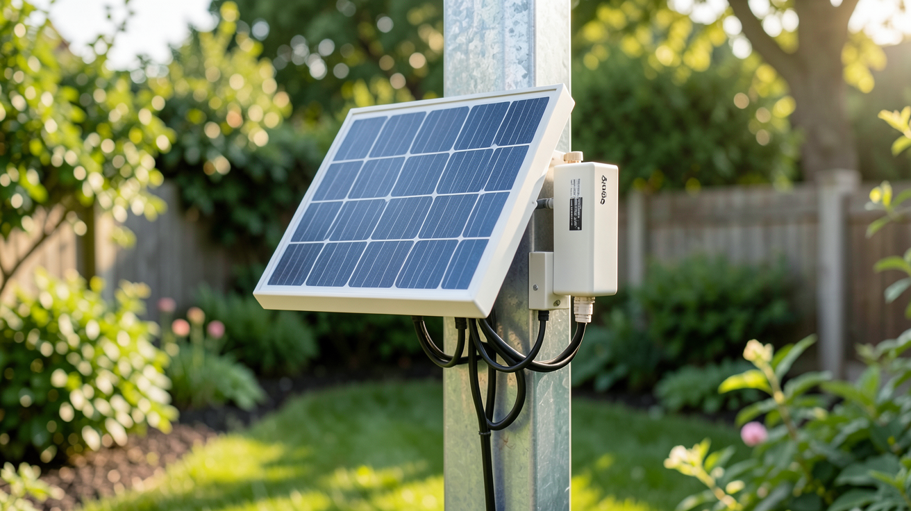 panneau solaire Somfy pour kit d'alimentation de portail installé sur un poteau métallique dans un jardin