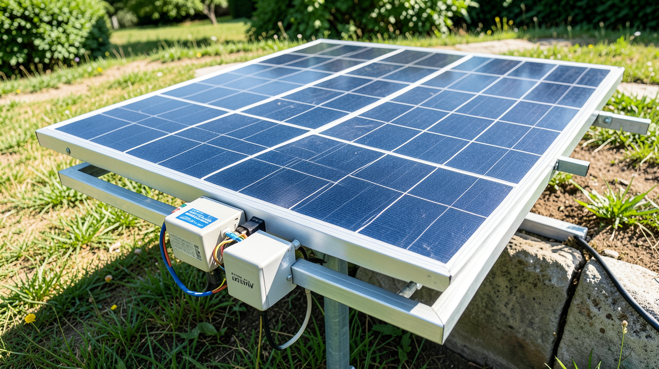 panneau solaire souple 100w connecté à une batterie et à un régulateur de charge, illustrant la compatibilité pour le branchement