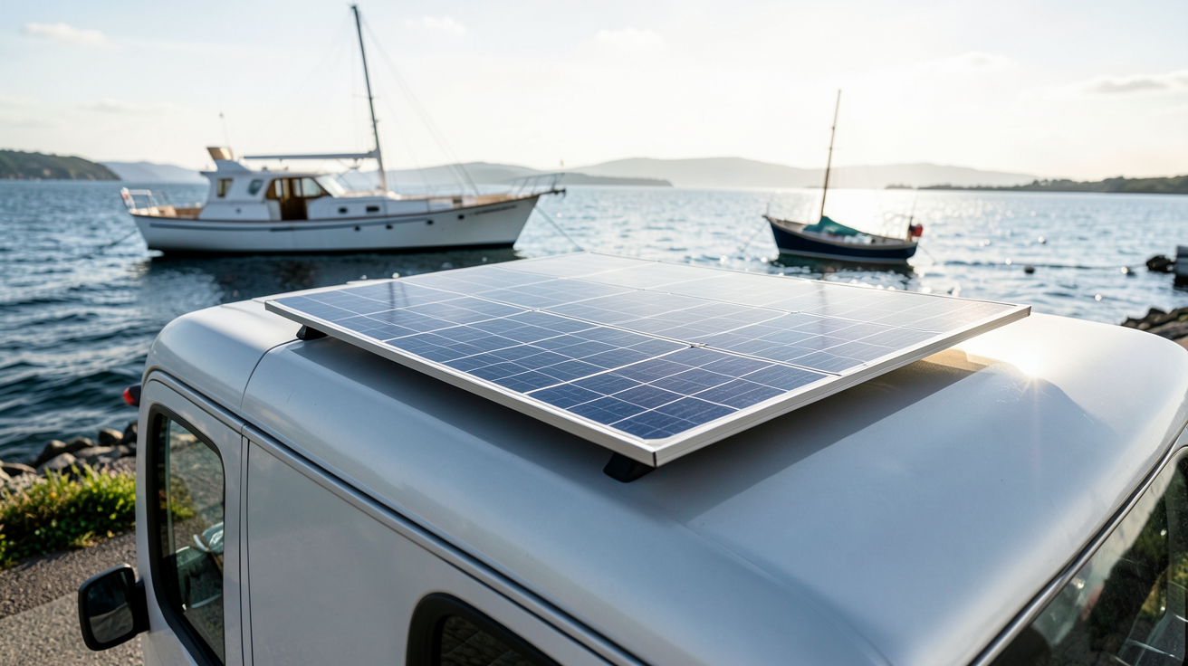 panneau solaire souple 100w installé sur le toit incurvé d'un fourgon avec un bateau à l'arrière