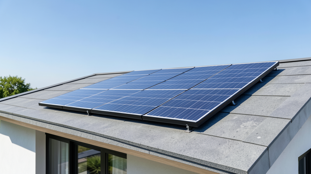 panneau solaire souple 100w installé sur le toit d'une maison moderne, affichant une surface flexible et un rendu lumineux