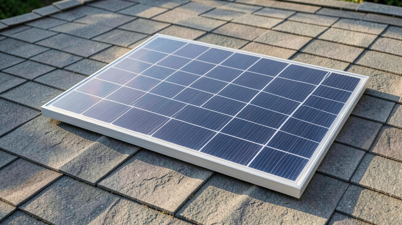 panneau solaire souple 150W posé sur un toit en tuiles grises sous un ciel dégagé