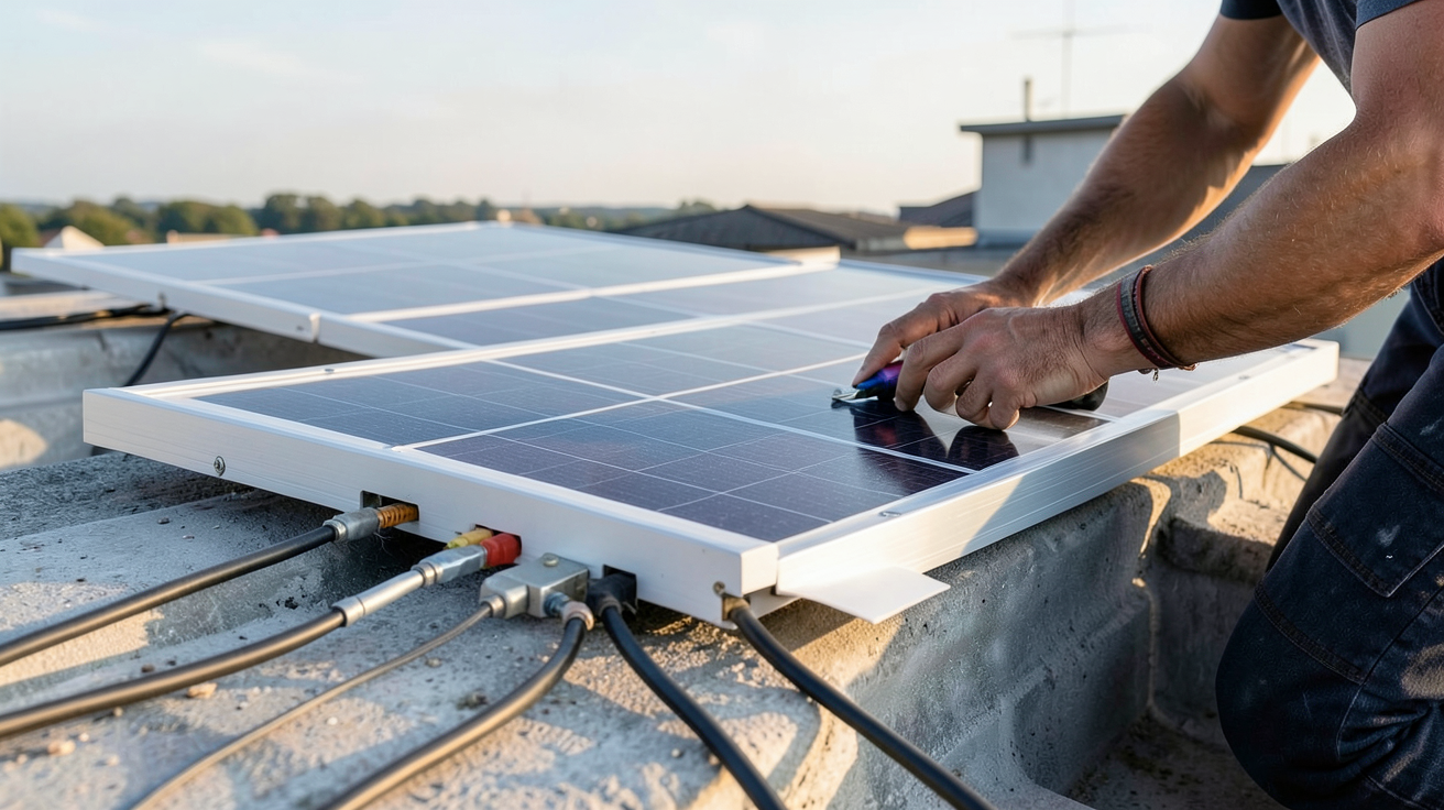 panneau solaire souple 150W en cours d'installation sur un toit plat par un technicien