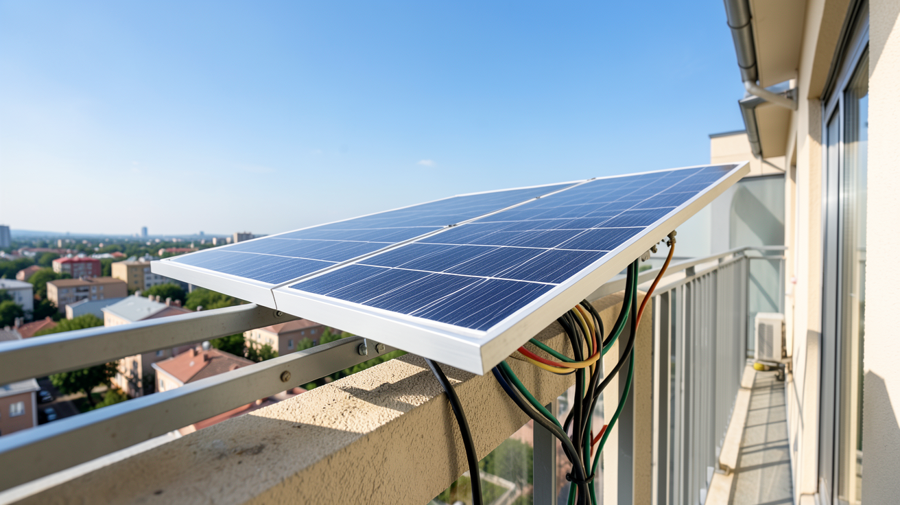 panneau solaire souple 200w installé sur la rambarde d'un balcon avec vue sur la ville